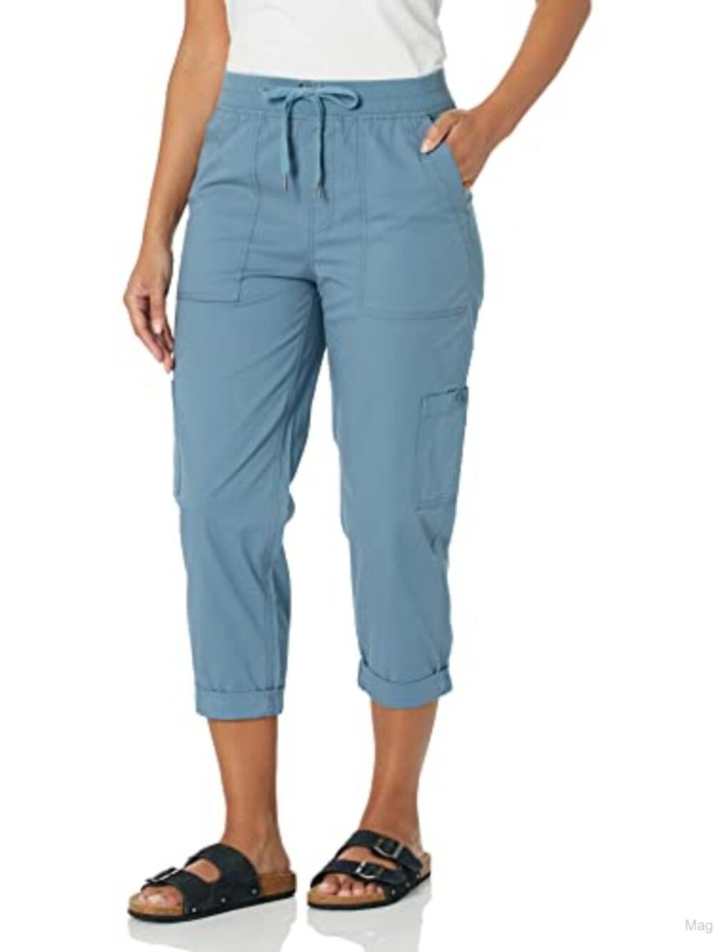 Pull On Drawstring Cargo Capri High Rise Relaxed Fit Stretch Cotton
